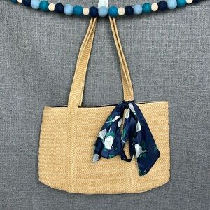 NWT Draper James Everyday Straw Bag Tan with Blue Floral Ribbon